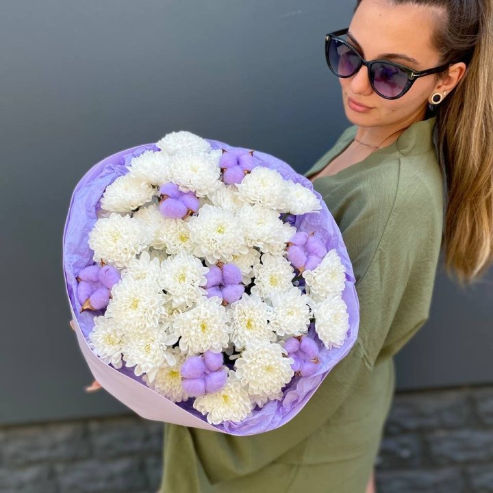  Букет  хризантем и хлопка в Чите