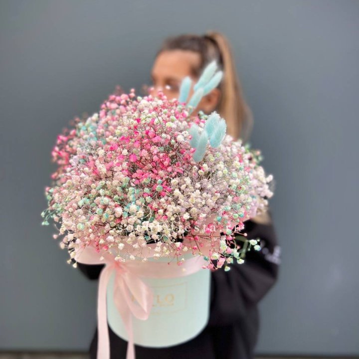 9 Радужных гипсофилы в шляпной коробке в Чите